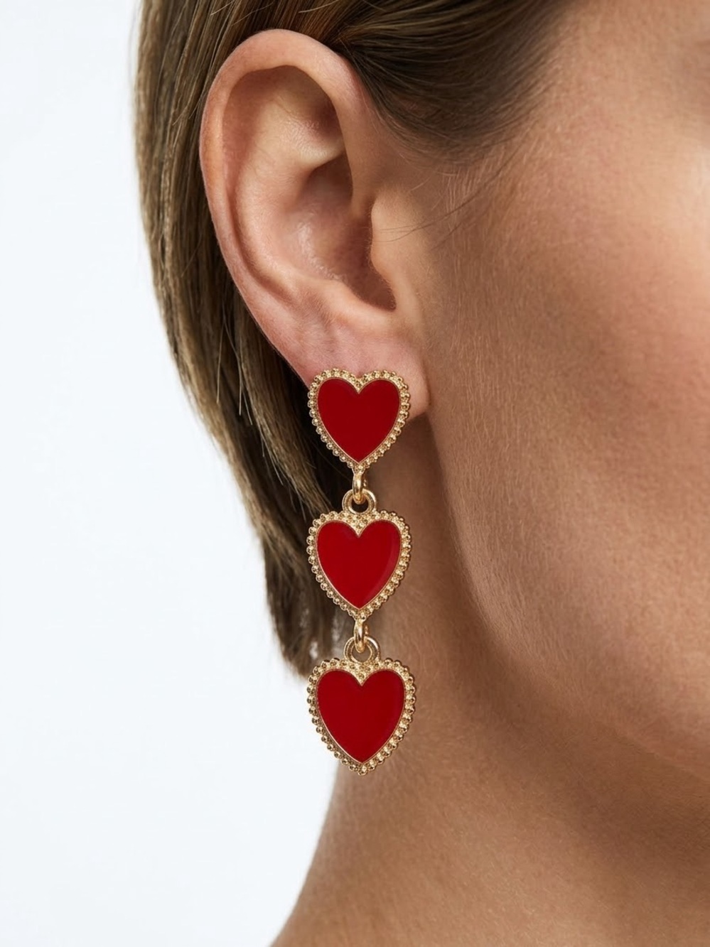 Gold-Tone Triple Red Heart Drop Earrings